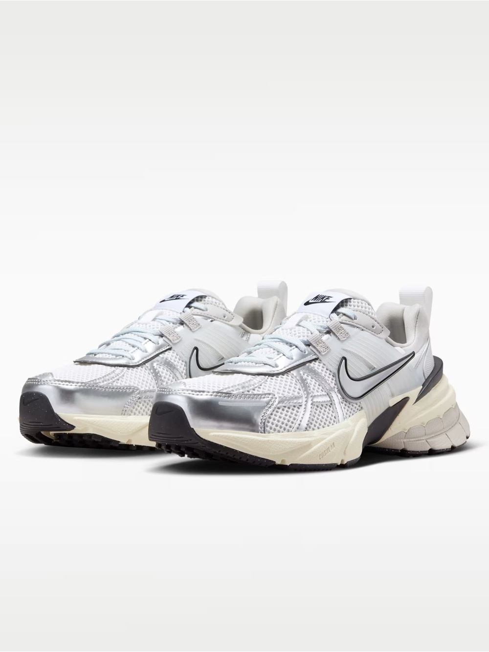 Nike White and Silver Mesh Trail-Inspired Sneakers